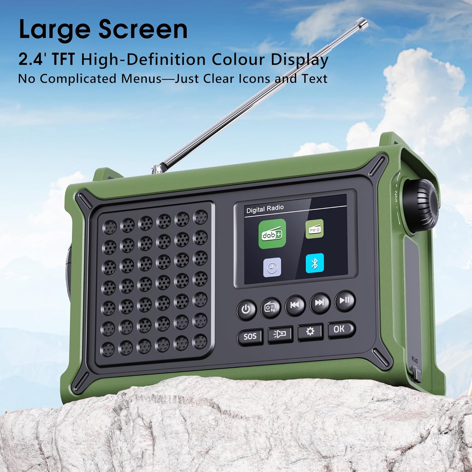 Detalle 2 de Radio Portable DAB+/DAB+ & FM avec Bluetooth 5.0, écran couleur 2,4", 12000 mAh et lampe torche – multi-usage et autonomie en mobilité