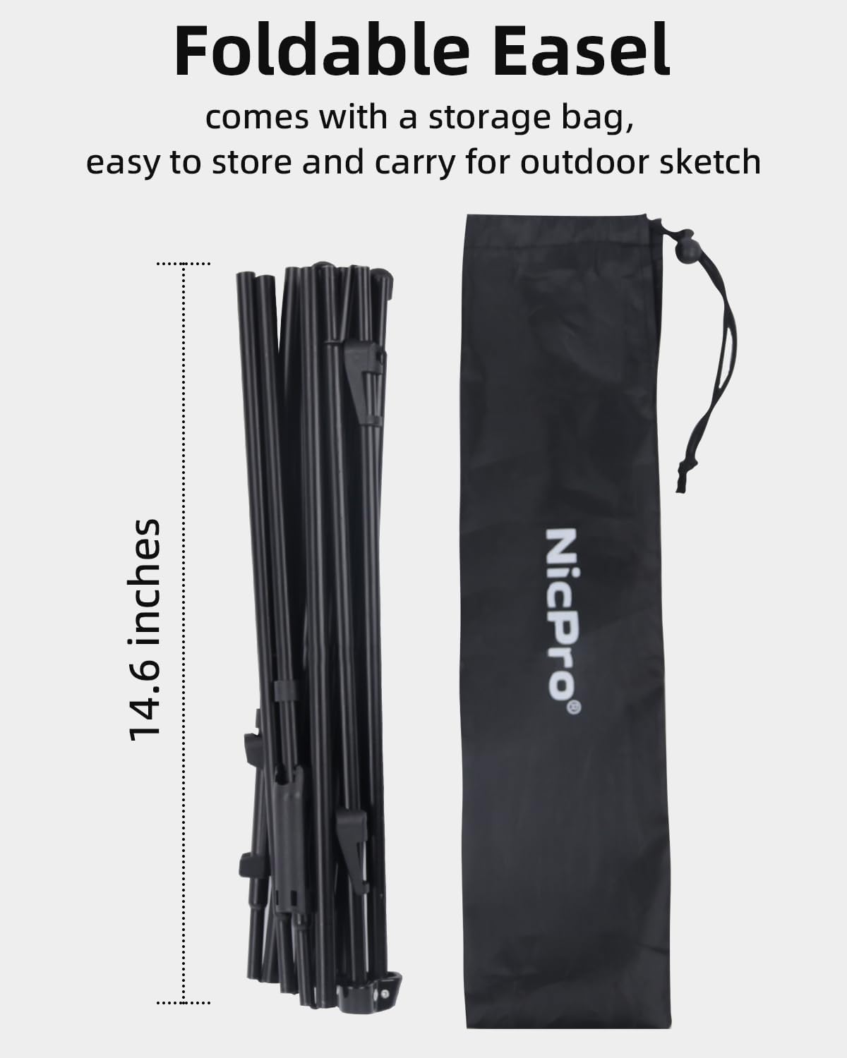 Detalle de Nicpro Folding Easel for Display, 63-Inch Metal Floor Easel Stand – Portable Black Tripod with Carry Bag