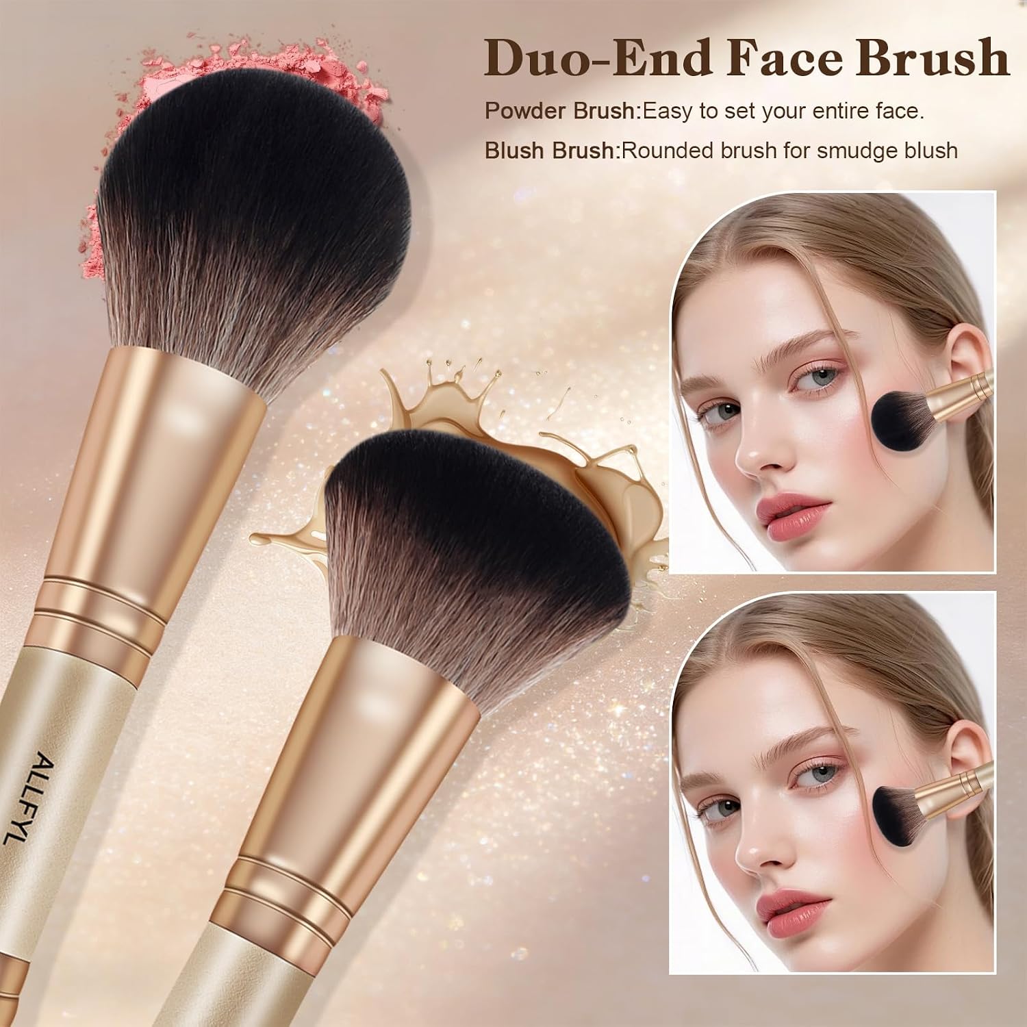 Detalle 2 de ALLFYL Set 6 Pennelli Doppi Trucco Professionali Champagne: kit tutto-in-uno per viso, occhi e labbra