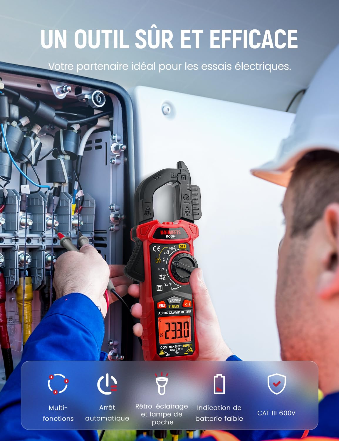 Detalle 2 de KAIWEETS KC604 : pince ampèremètre AC/DC T‑RMS avec mesure courant, tension, continuité et test diodes