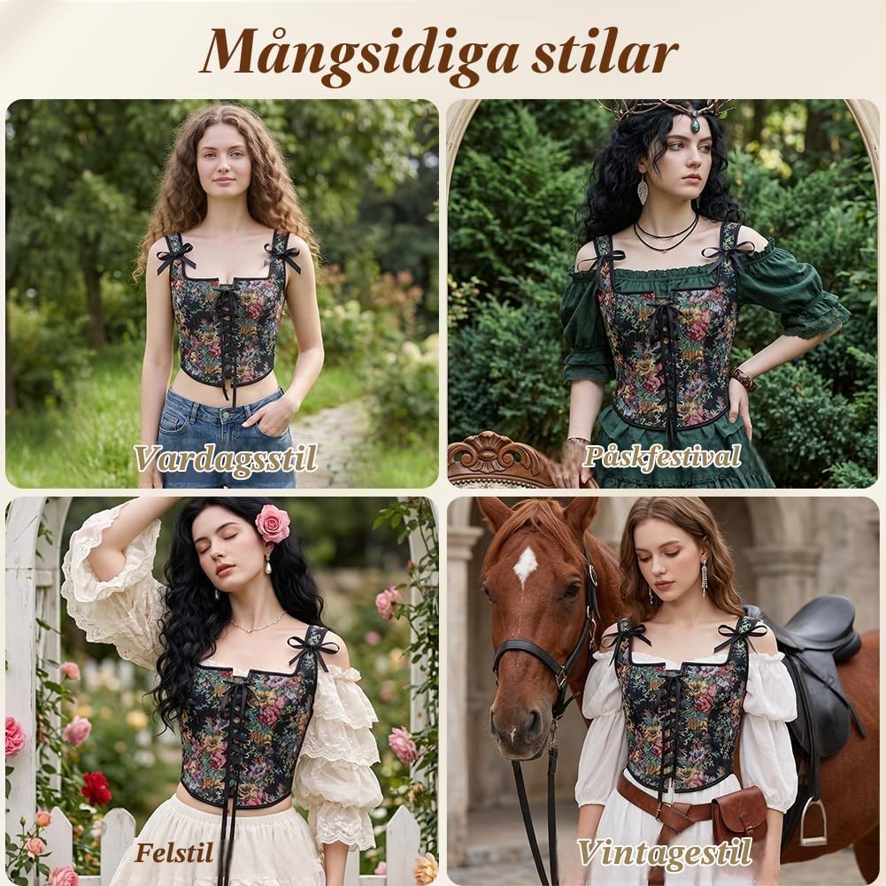 Thumbnail 6 de AUYAO blommig renässanskorsett med snörning i polyester, svart eller grön