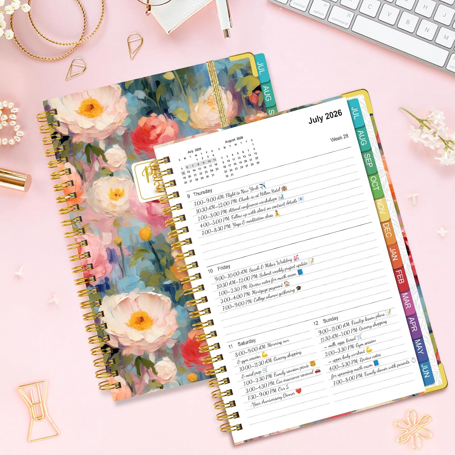 Detalle 2 de OMEYA 2026–2027 Weekly and Monthly Planner, Floral PVC Cover, Monthly Tabs