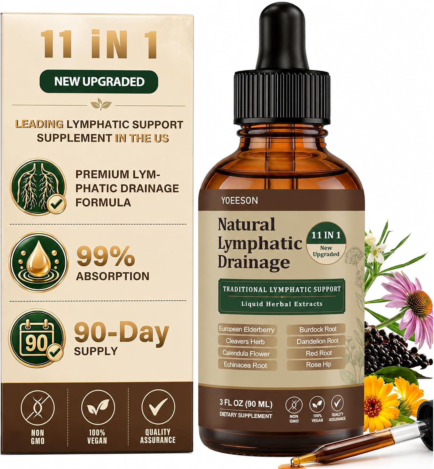 Detalle de Yoeeson Lymphatic Drainage Drops, Alcohol-Free Vegan 11-Herb Supplement