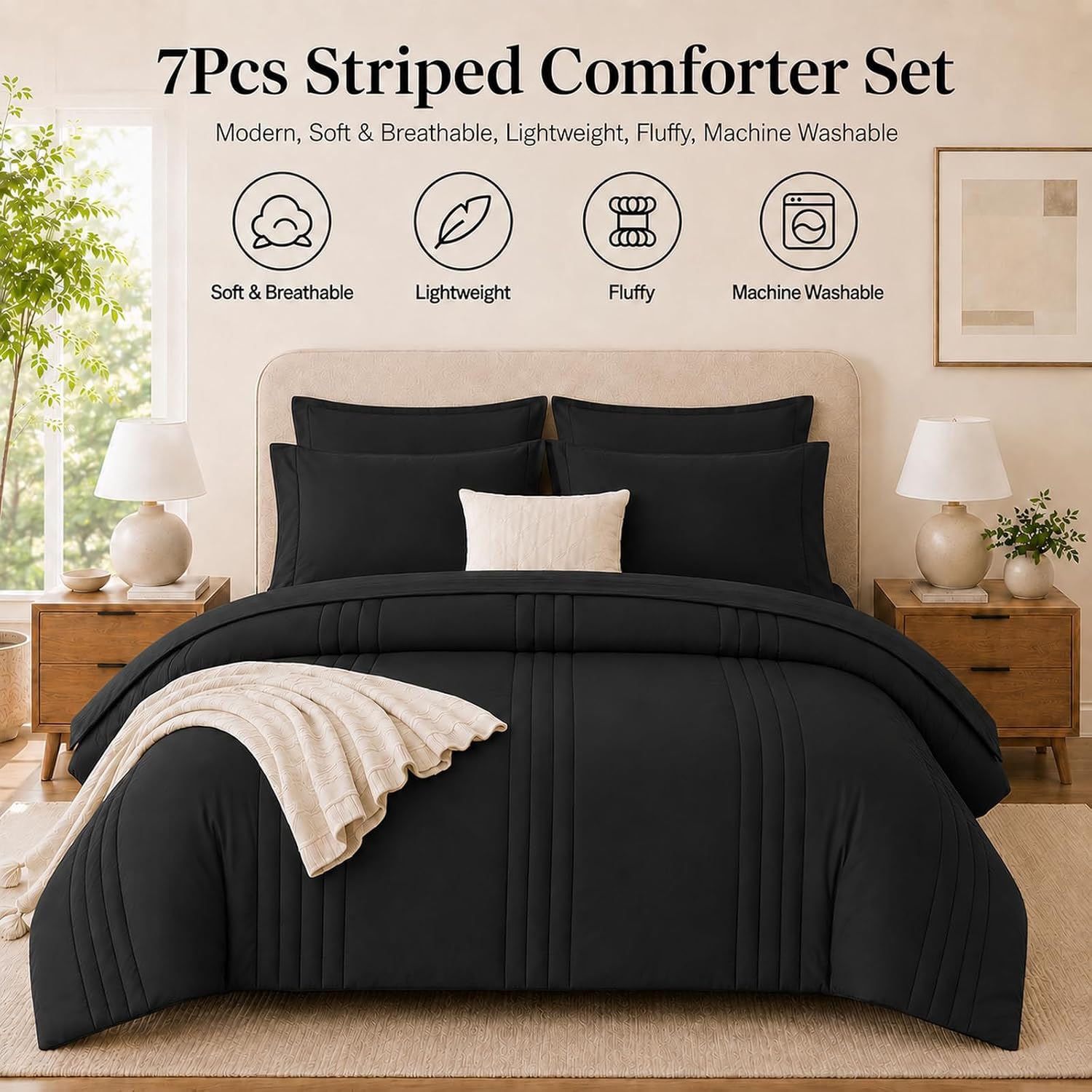 Thumbnail 4 de Velorose Queen Comforter Set Black – 7-Piece Bed in a Bag for All Seasons