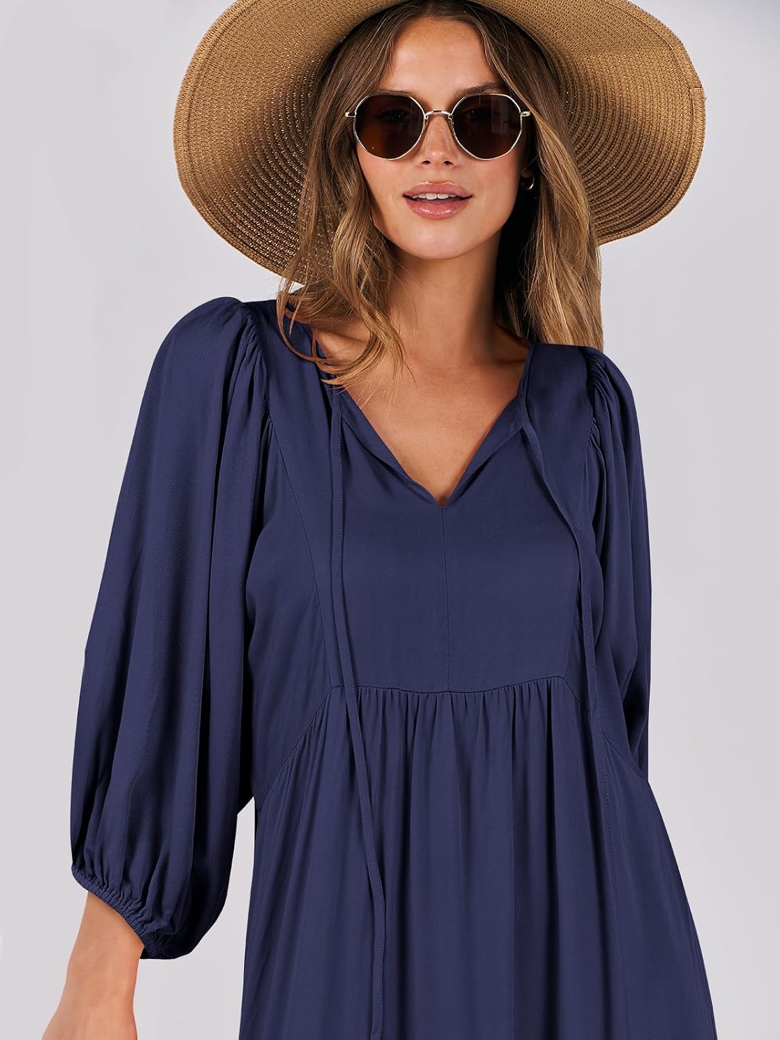 Detalle de ANRABESS Womens Boho Maxi Dress: 2026 Summer Floral V-Neck, Puff Sleeve, Tiered Swing