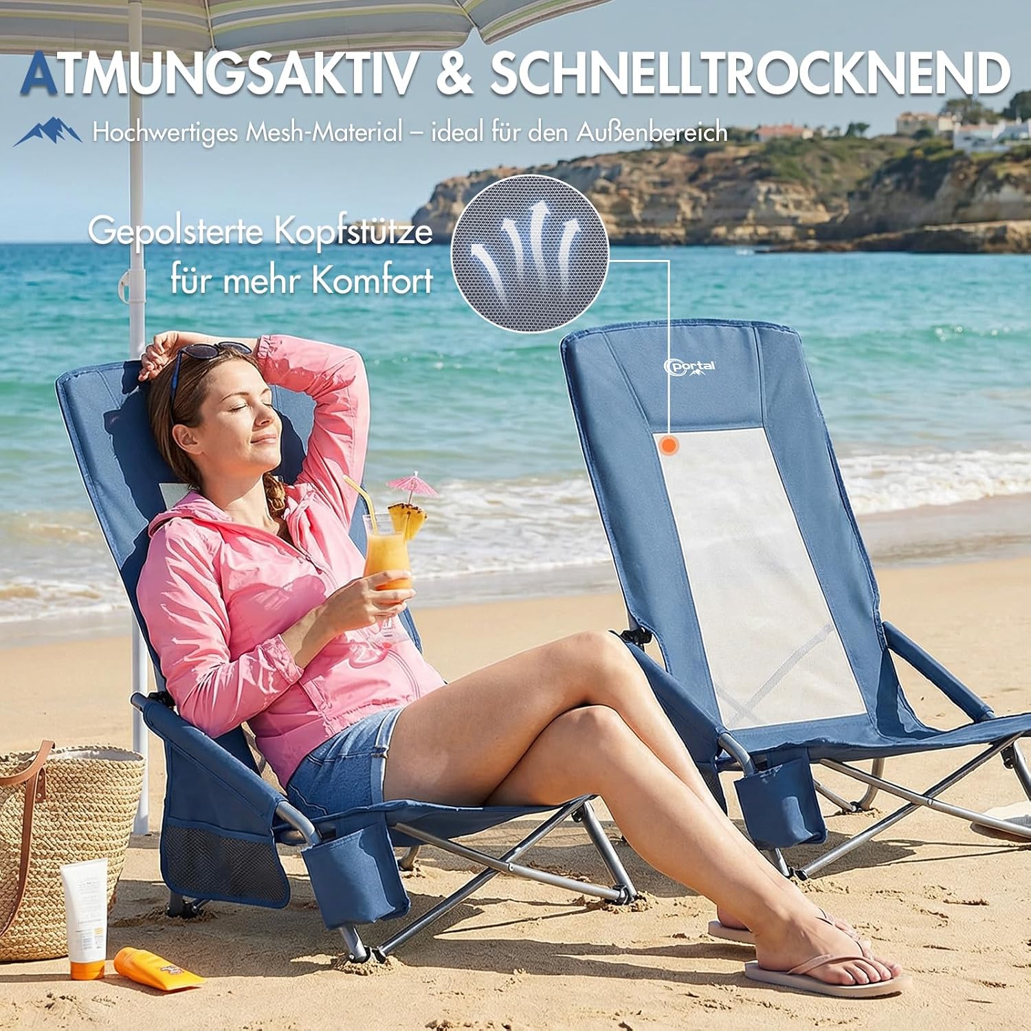 Thumbnail 4 de Portal Strandstuhl klappbar mit Hochlehner – leichter Campingsessel bis 150 kg mit Transporttasche