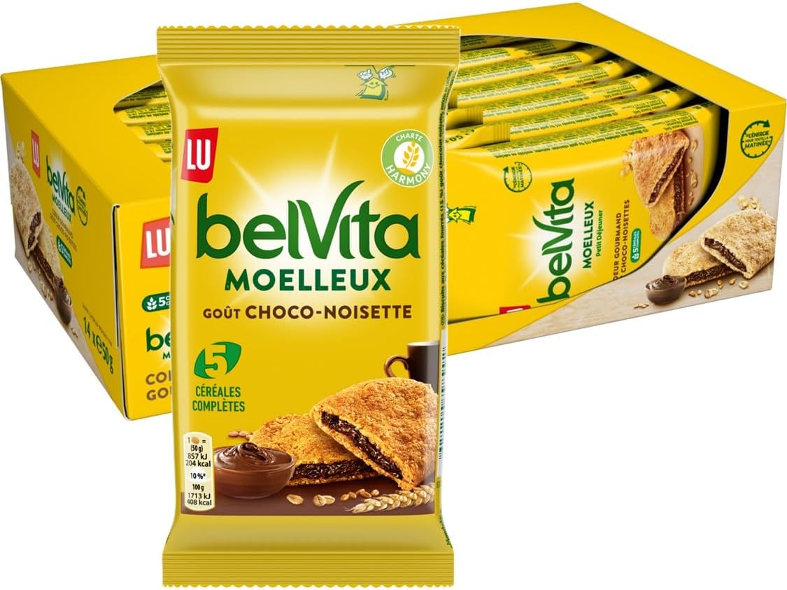 LU Belvita Moelleux Petit Déjeuner Cœur Gourmand Chocolat Noisettes – Présentoir 14 sachets de 50 g