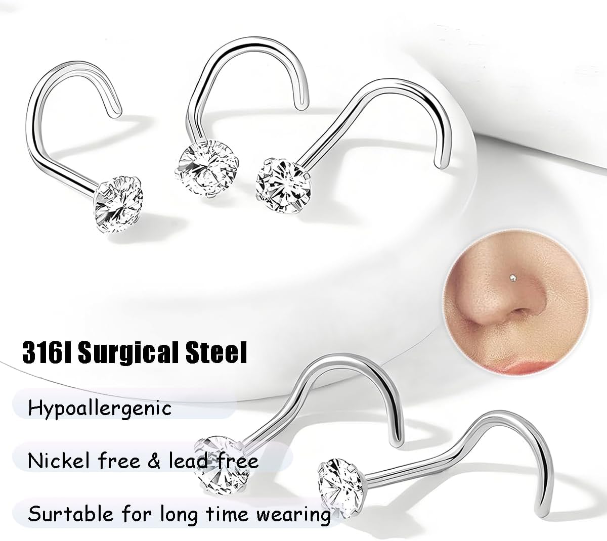 Detalle 2 de Nose Rings Studs 8pcs nose studs