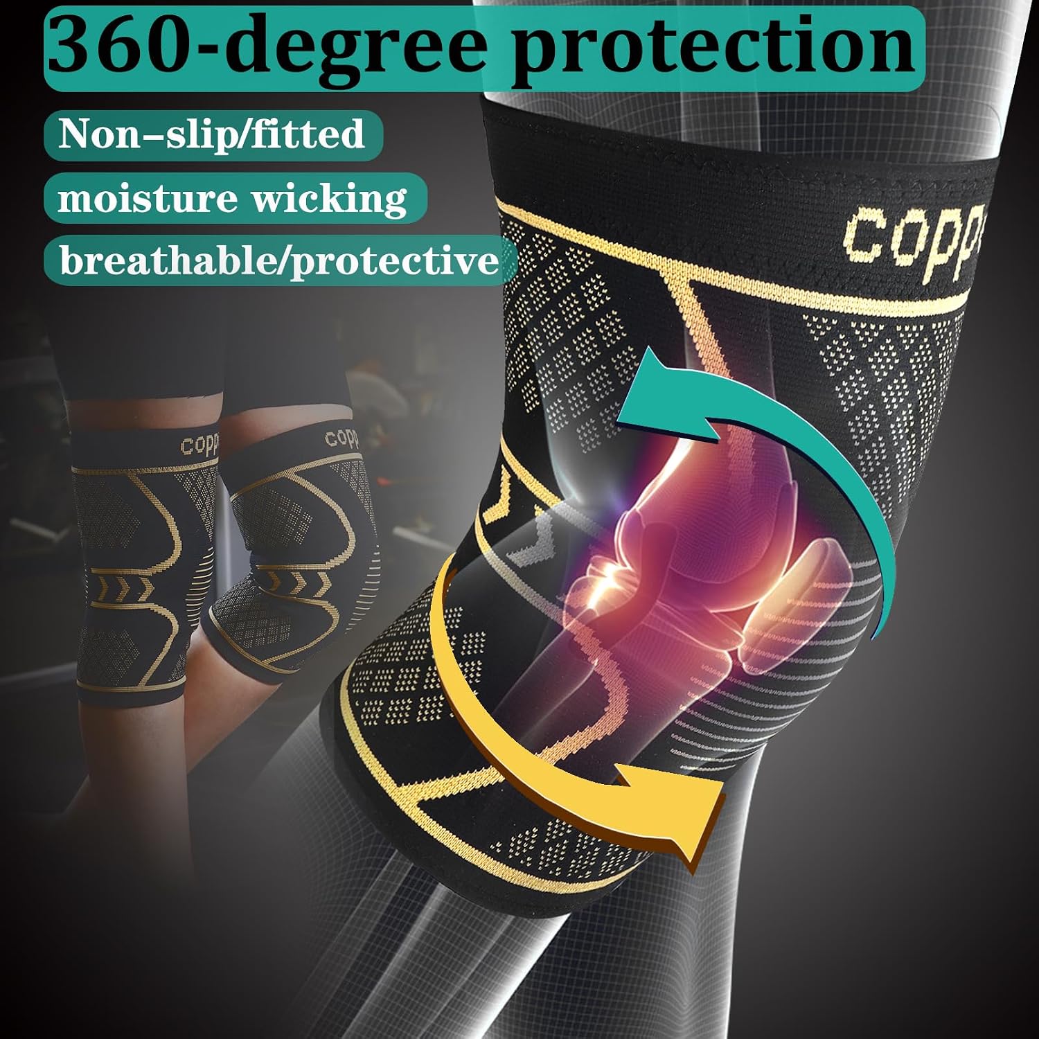 Detalle de Qishytio Copper Compression Knee Sleeves, 3X-Large, 2-Pack with Anti-Slip Grip