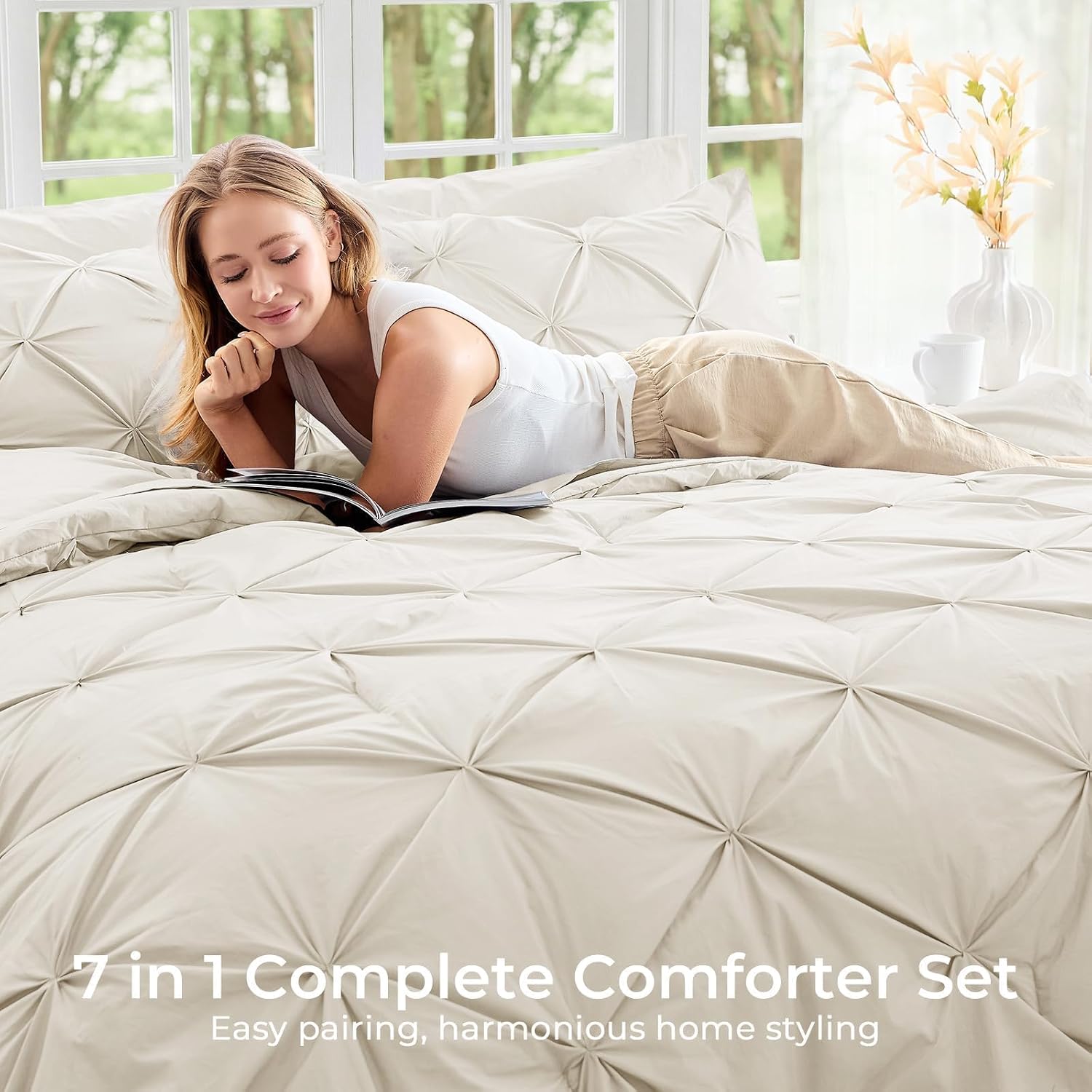 Detalle de Sasttie King Size Comforter Set in Beige (7-Piece Bed in a Bag)