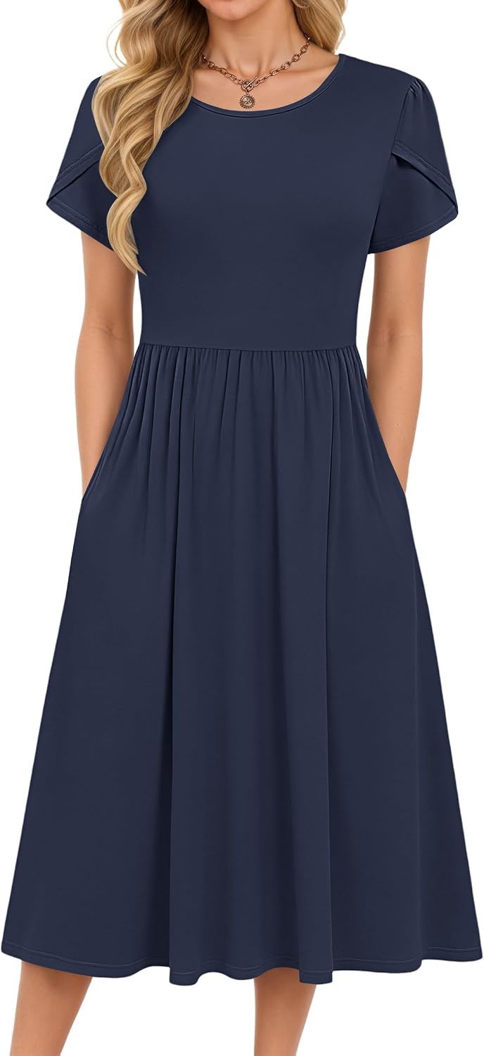 Detalle de Molerani Damen Sommerkleider – Kurzarm Rundhals Midikleid mit Tasche, A‑Linie, knie-lang