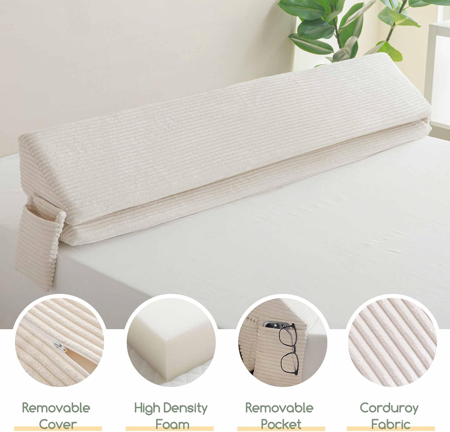 Thumbnail 2 de HIGOGOGO WP Queen Bed Wedge Pillow, Beige Corduroy Gap Filler, 60 x 11 x 9 in