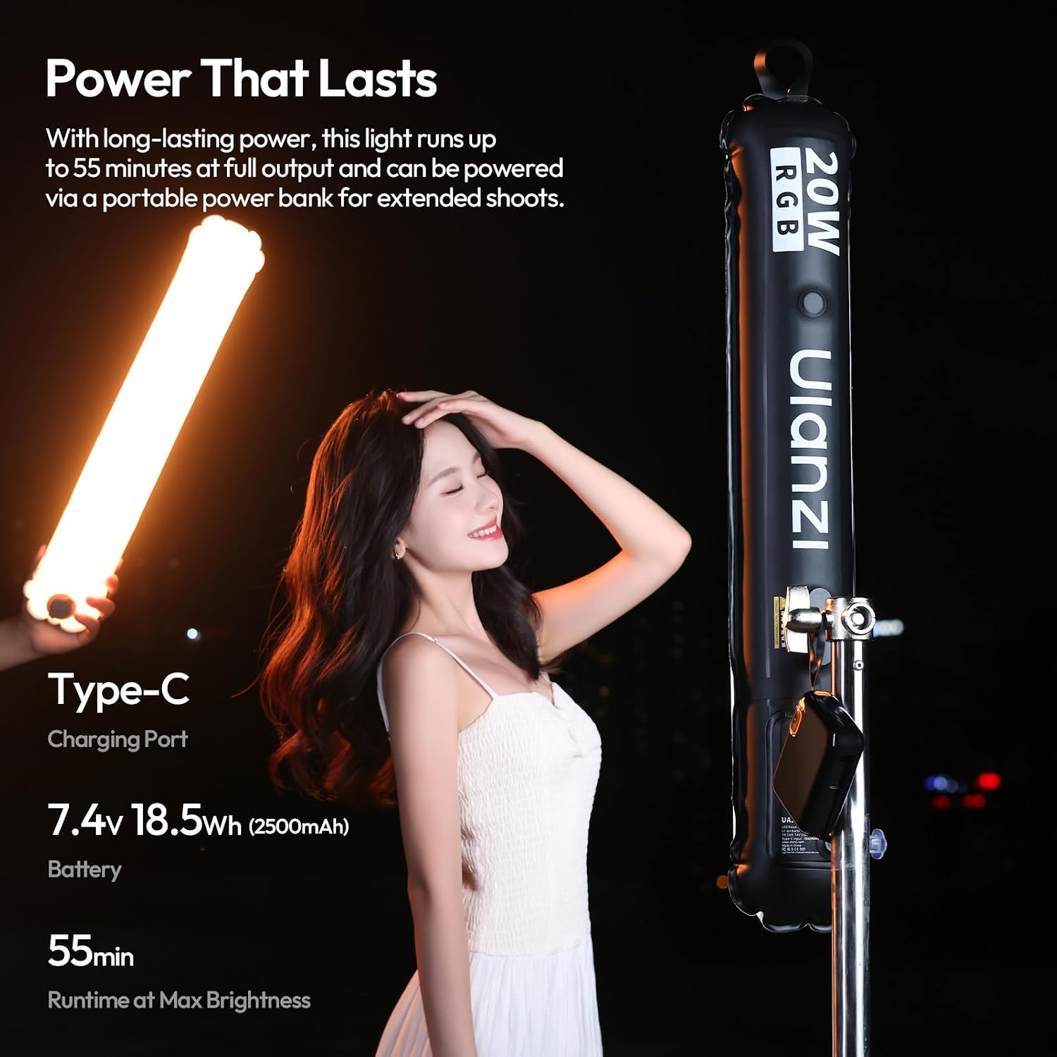 Thumbnail 6 de ULANZI UA20C Lampe vidéo LED gonflable Tube à air RGB magnétique 20 W, CCT 1800–10000 K