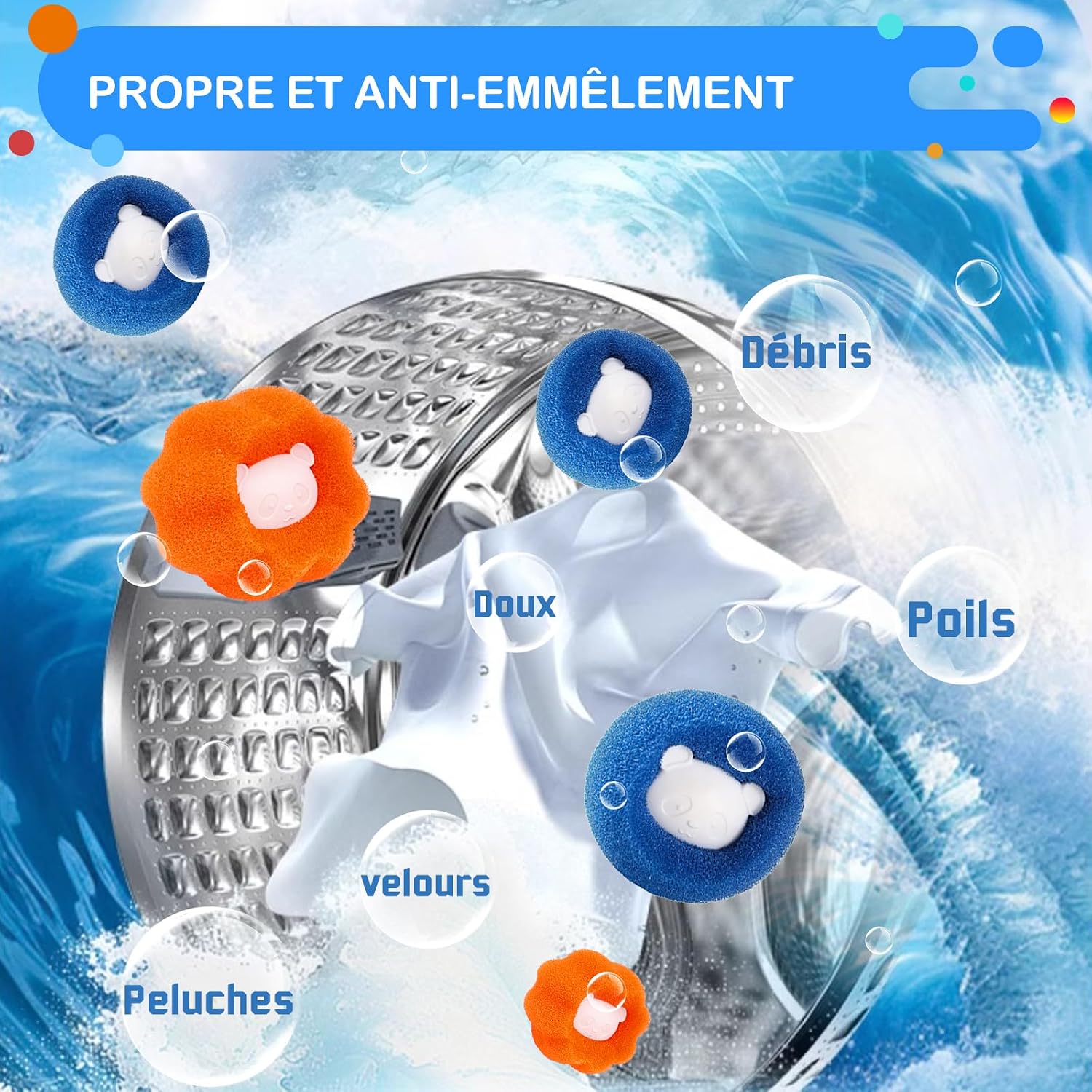 Detalle de Boule Anti Poils Machine à Laver de Yalisite – Absorbe Cheveux et Peluches, Orange+Bleu