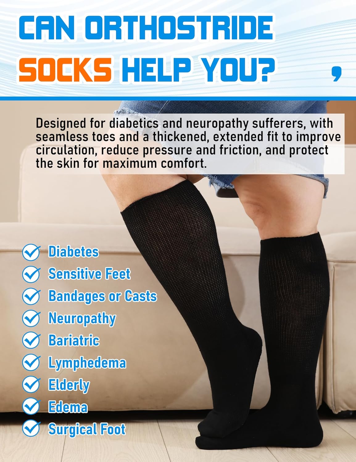 Thumbnail 1 de Orthostride Wide Diabetic Socks (3 Pairs) – Extra Long Edema & Lymphedema Socks, Loose Non-Binding Fit