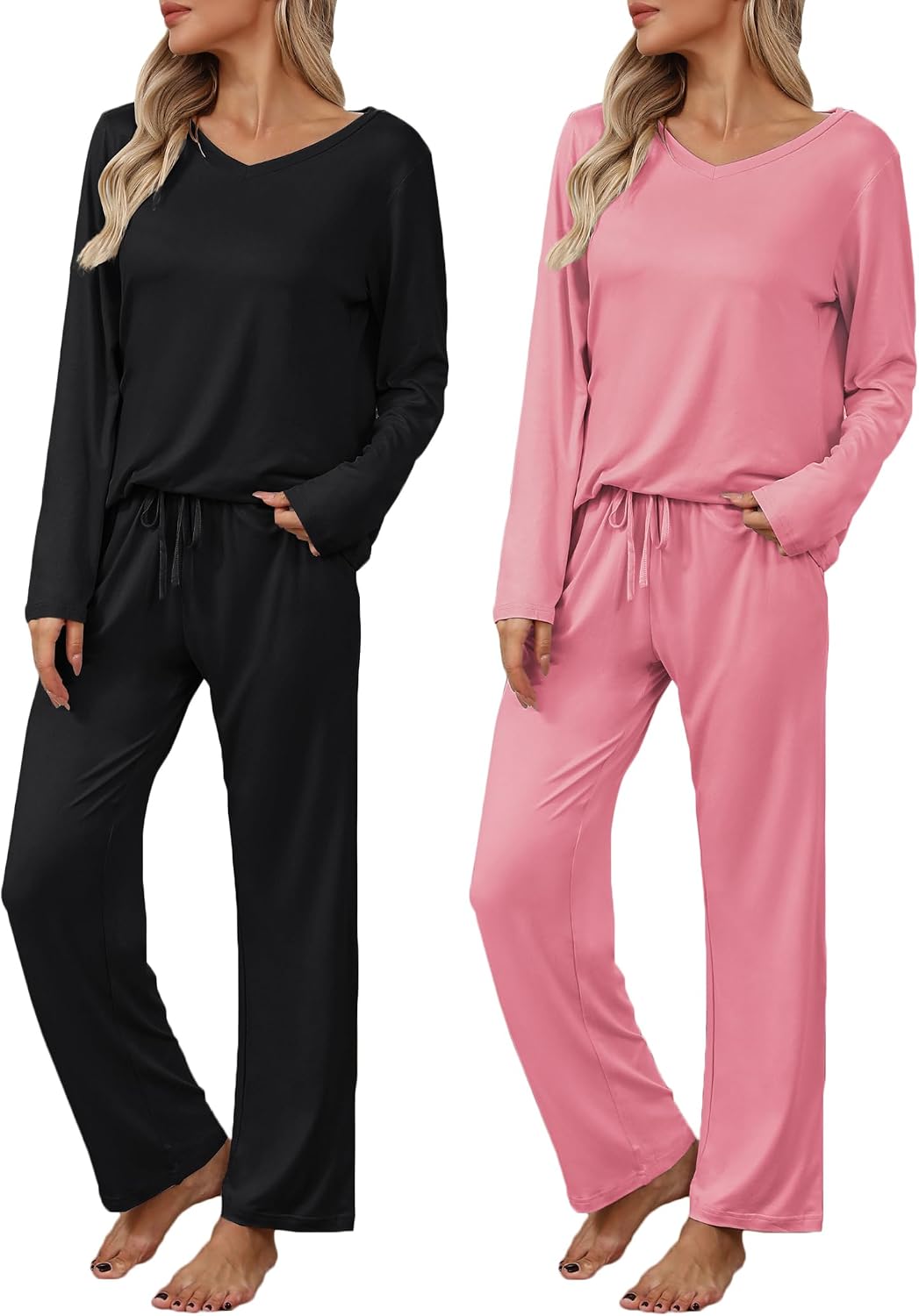 Detalle de Ekouaer Women's 2-Pack Long-Sleeve Pajama Sets with V-Neck Tops and Pockets