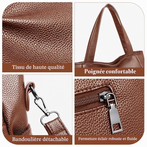 Detalle 2 de Mabecol sac shopper moyen en PU marron, compartiments multiples et bandoulière réglable
