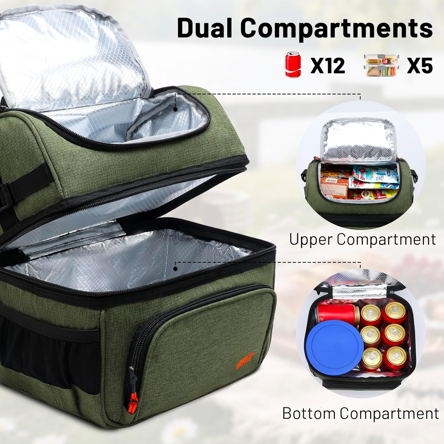 Thumbnail 1 de MIER Dual Compartment Lunch Bag Tote (Army Green) — Insulated, Leakproof Cooler Tote