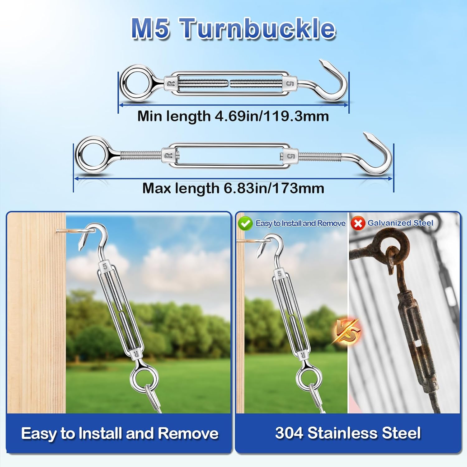 Detalle de TooTaci 30M Garden Wire Kit for Climbing Plants with M5 Turnbuckles (304 Stainless Steel, PVC-Coated)
