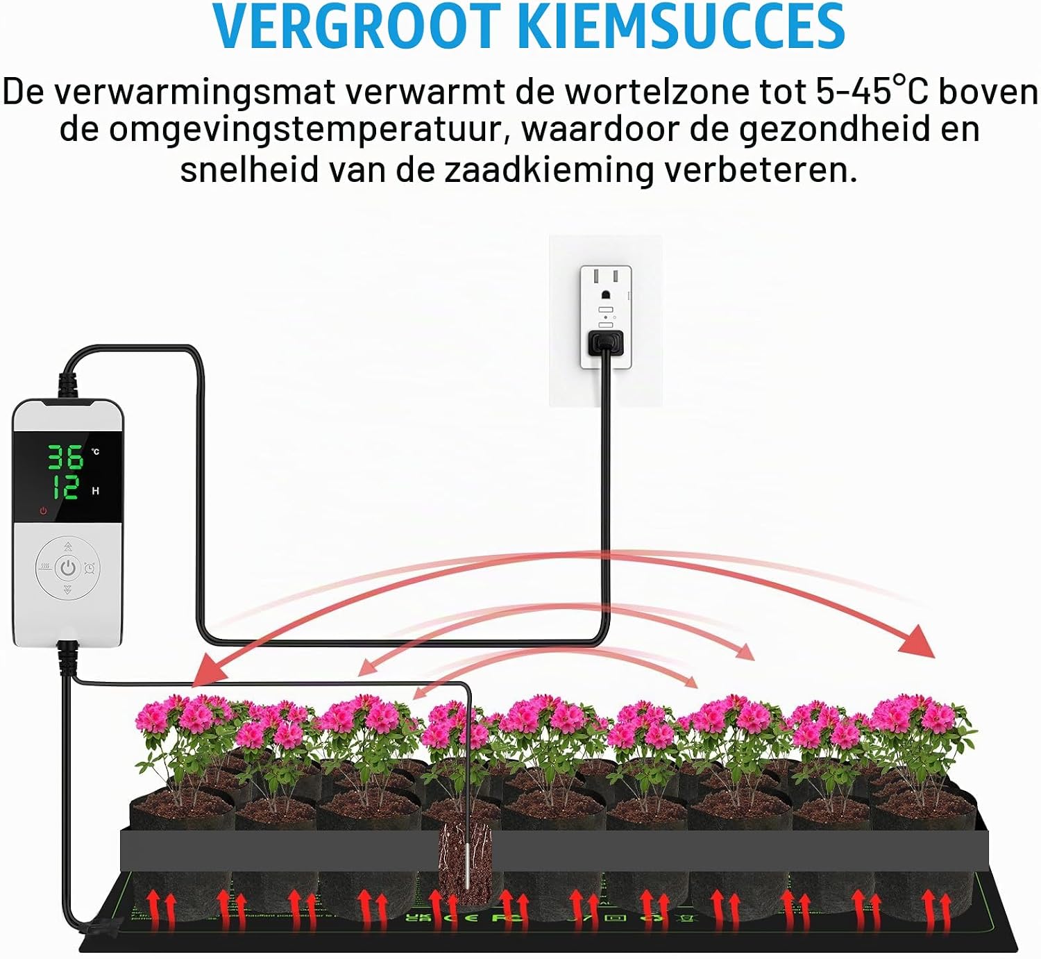 Detalle 2 de WADEO verwarmingsmat voor planten 60 x 42 cm, 30 W met thermostaat en timer