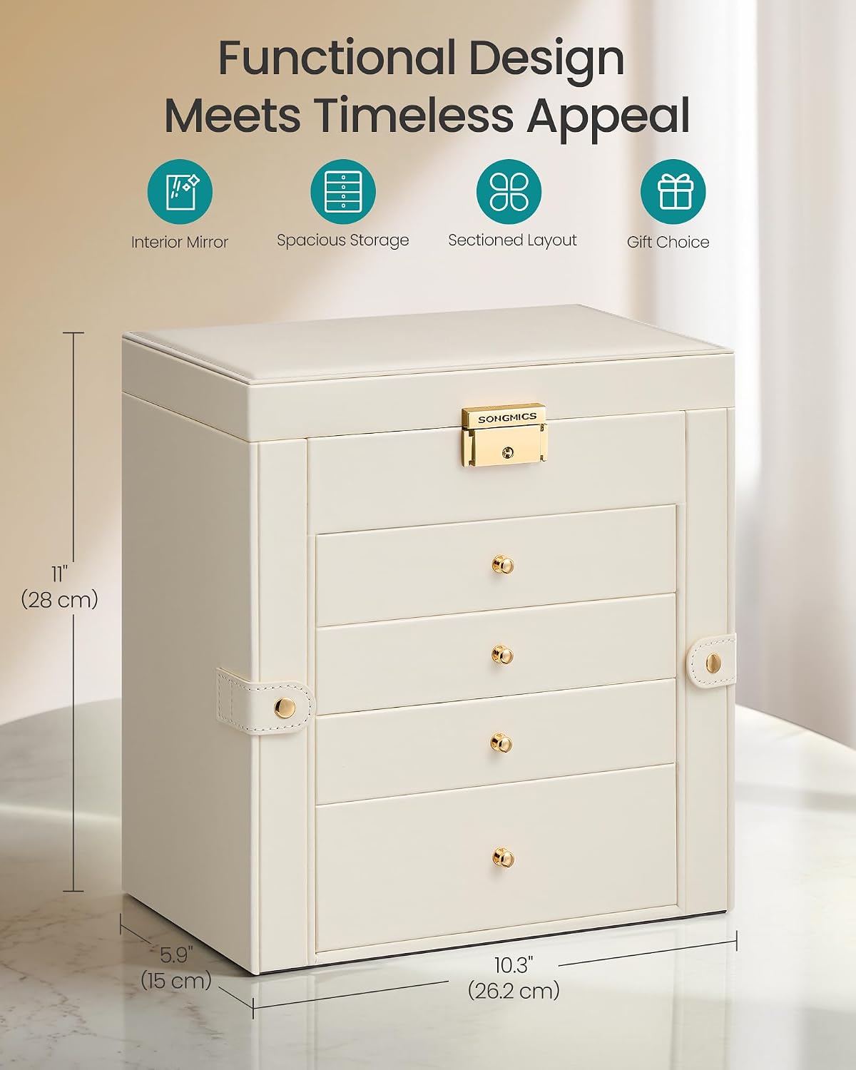 Detalle de SONGMICS Jewellery Box 5 Layers Lockable Organiser with Mirror, Cream White (JBC153WD03)
