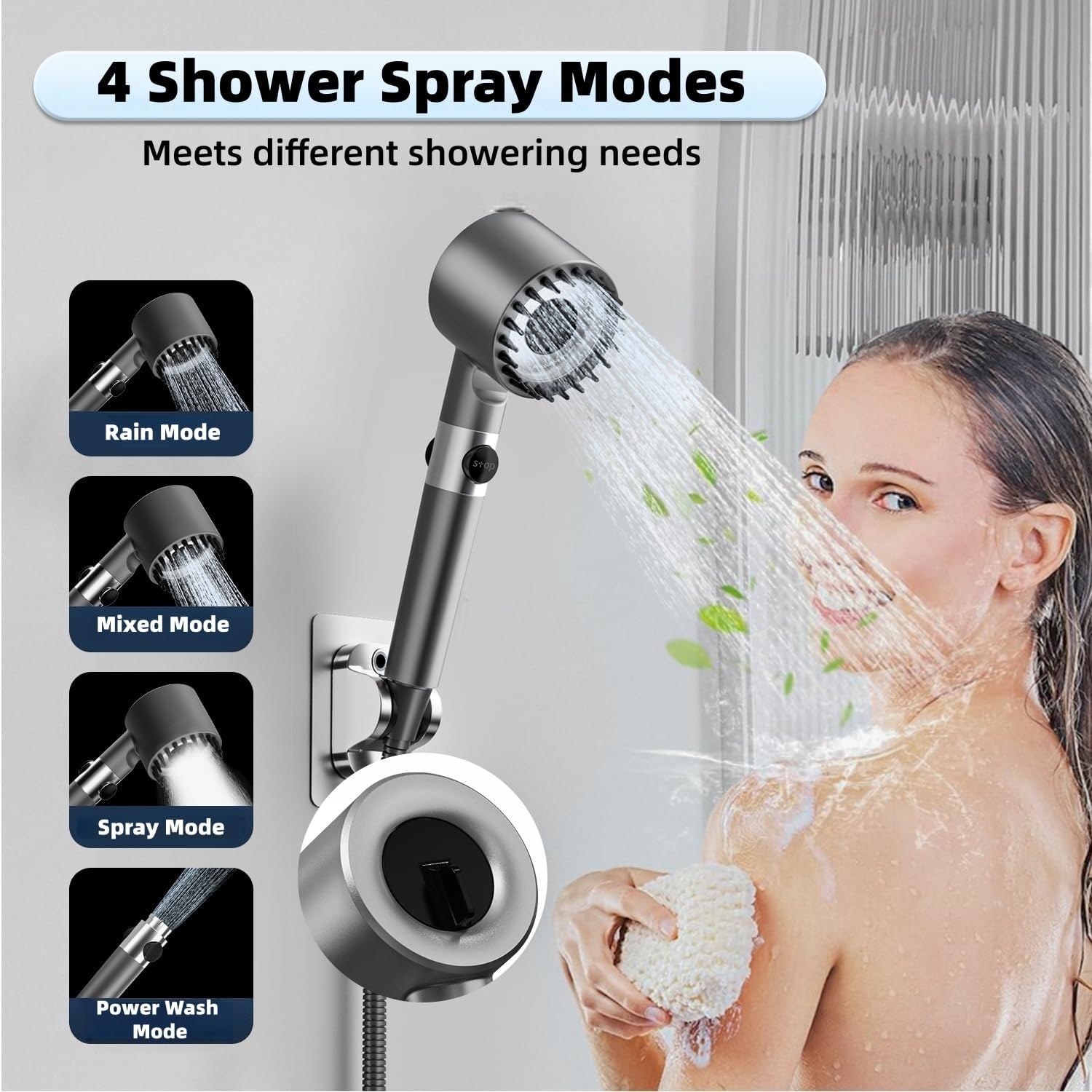 Thumbnail 2 de High Pressure Shower Head with 4 Spray Modes and 1.5m Hose – Filtered, Massage & Skin Care
