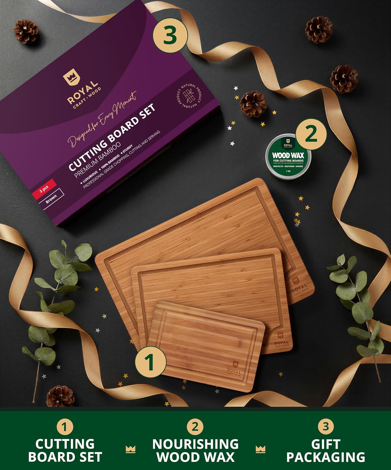 Detalle 2 de ROYAL CRAFT WOOD Bamboo Cutting Board Set 3 🍽