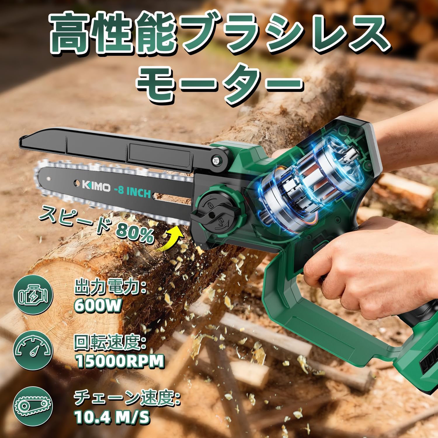 Detalle de KIMO 充電式チェーンソー 8インチ・ブラシレスモーター・4.0Ahバッテリー・自動給油