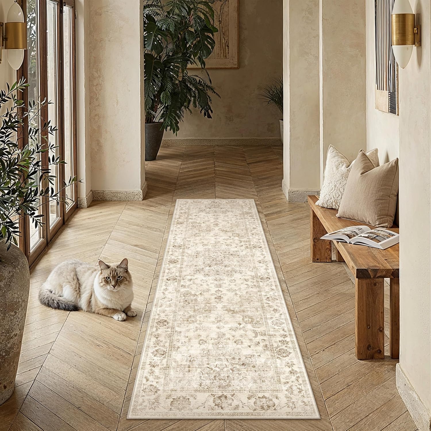Detalle de HUGEAR Vintage Beige waschbarer Teppich (60x90 cm) – rutschfeste Fußmatte für Bad, Eingangsbereich & mehr