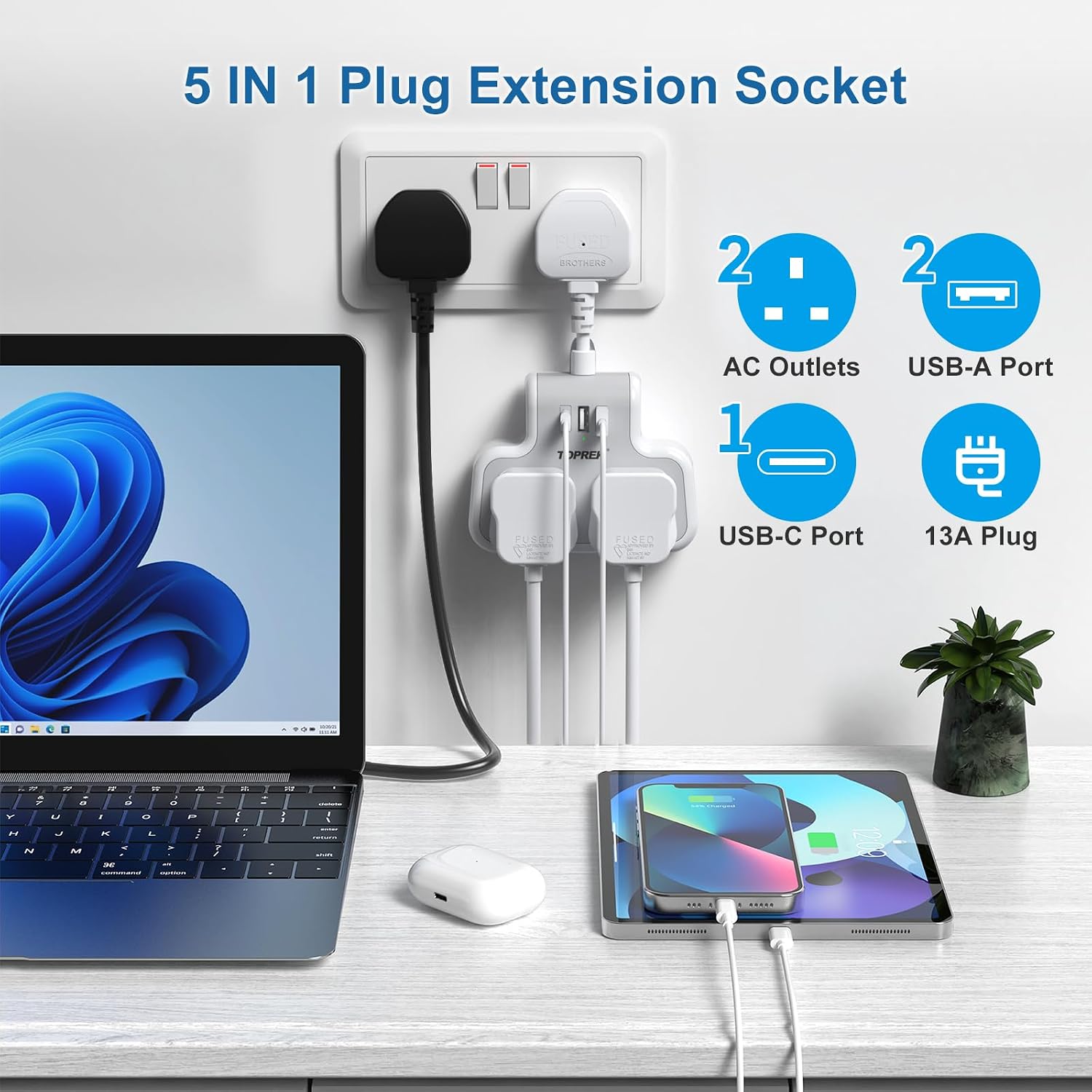 Thumbnail 1 de TOPREK 6.2cm Short Extension Lead with USB Ports: A Compact 5‑In‑1 Wall Socket for Home, Office and Travel