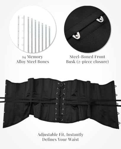 Detalle 2 de SZIVYSHI Women's Black Satin Underbust Corset with Lace-Up Back