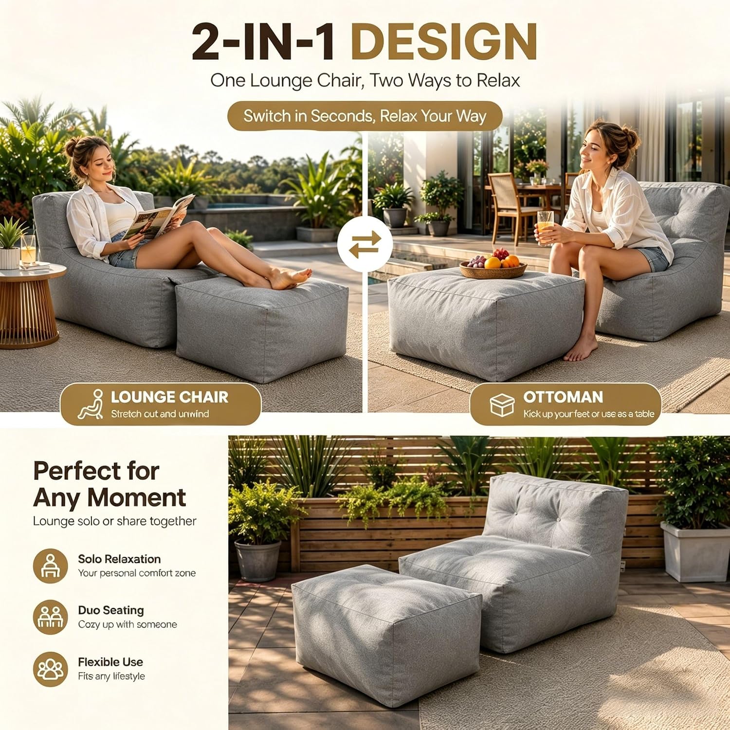 Detalle de Bean Bag Chair with Ottoman, Dark Gray