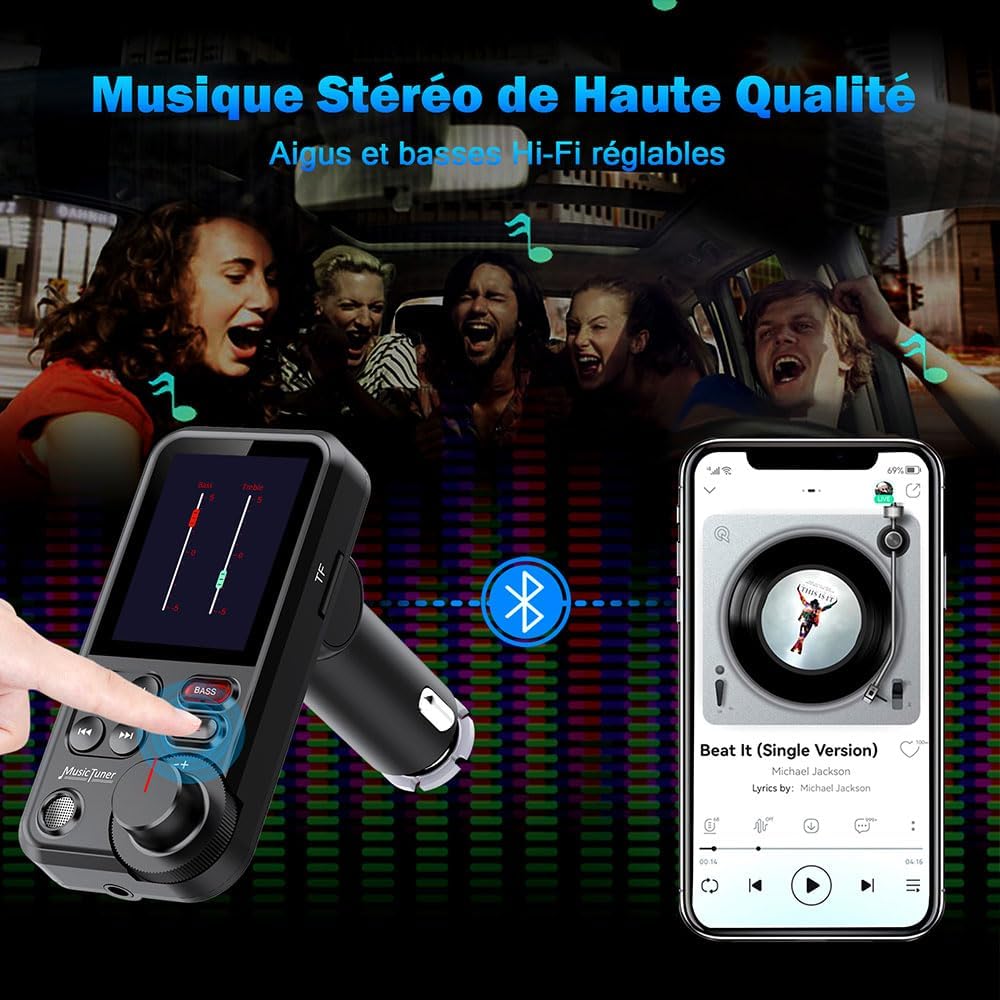 Detalle 2 de GizmoVine Transmetteur Bluetooth Voiture – Allume-cigare, USB QC3.0 et Écran couleur 4,5 cm
