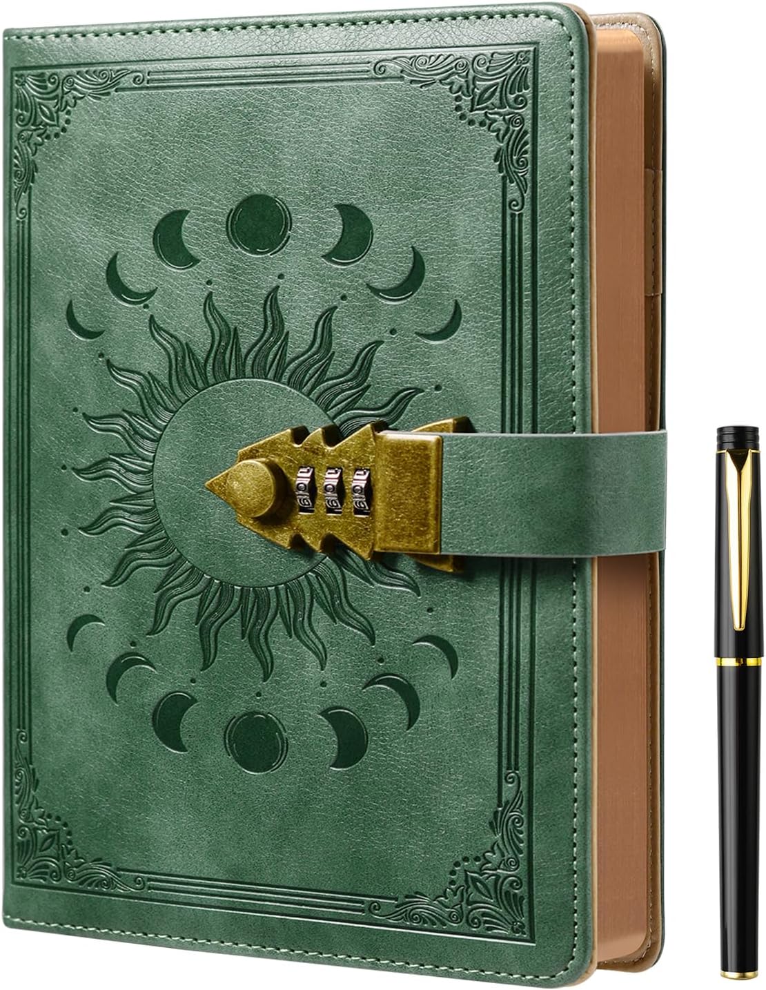 Detalle de ZXHQ Tagebuch mit Schloss (A5) inkl. Stift-Set – Vintage-Lederbezug, 224 Seiten, Premium Grau