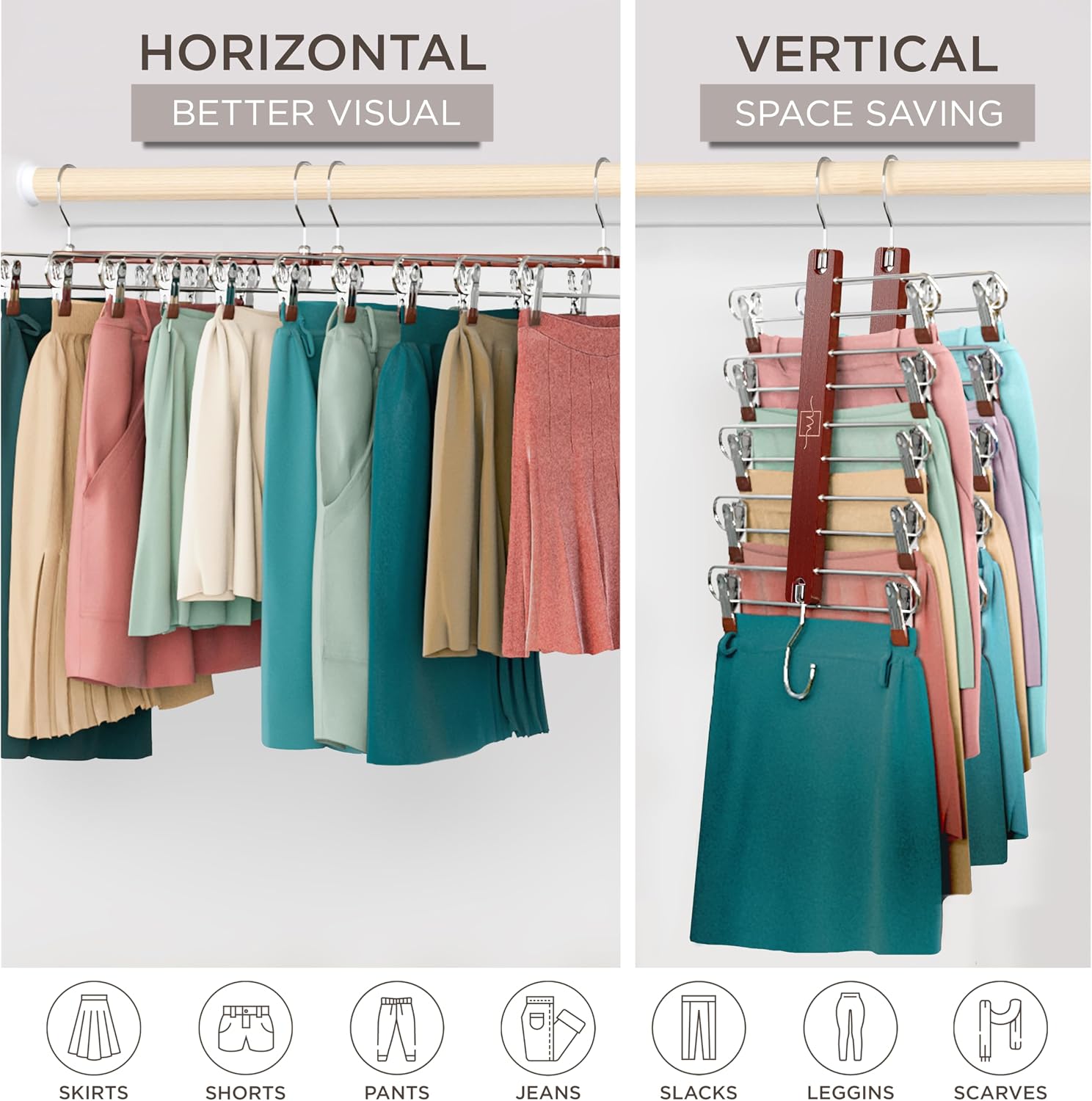 Thumbnail 3 de MORALVE 5-Tier Beechwood Skirt Hangers, 2-Pack with Clips and 360° Hooks