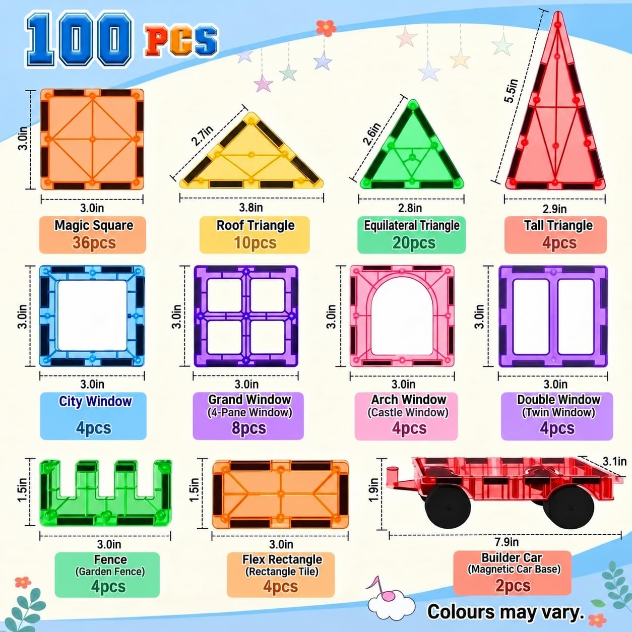 Detalle 2 de Magnetic Tiles for Kids (100 Pieces) with 2 Cars – STEM Building Set