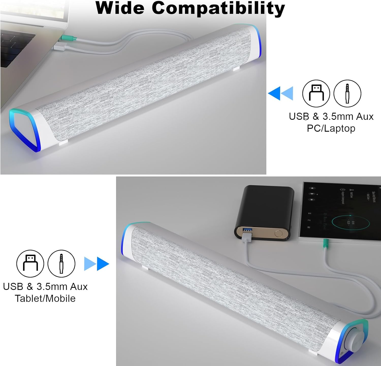 Thumbnail 3 de SOULION R30 USB-Computerlautsprecher mit LED-Lichtern und 3,5-mm-Audioanschluss (weiß)