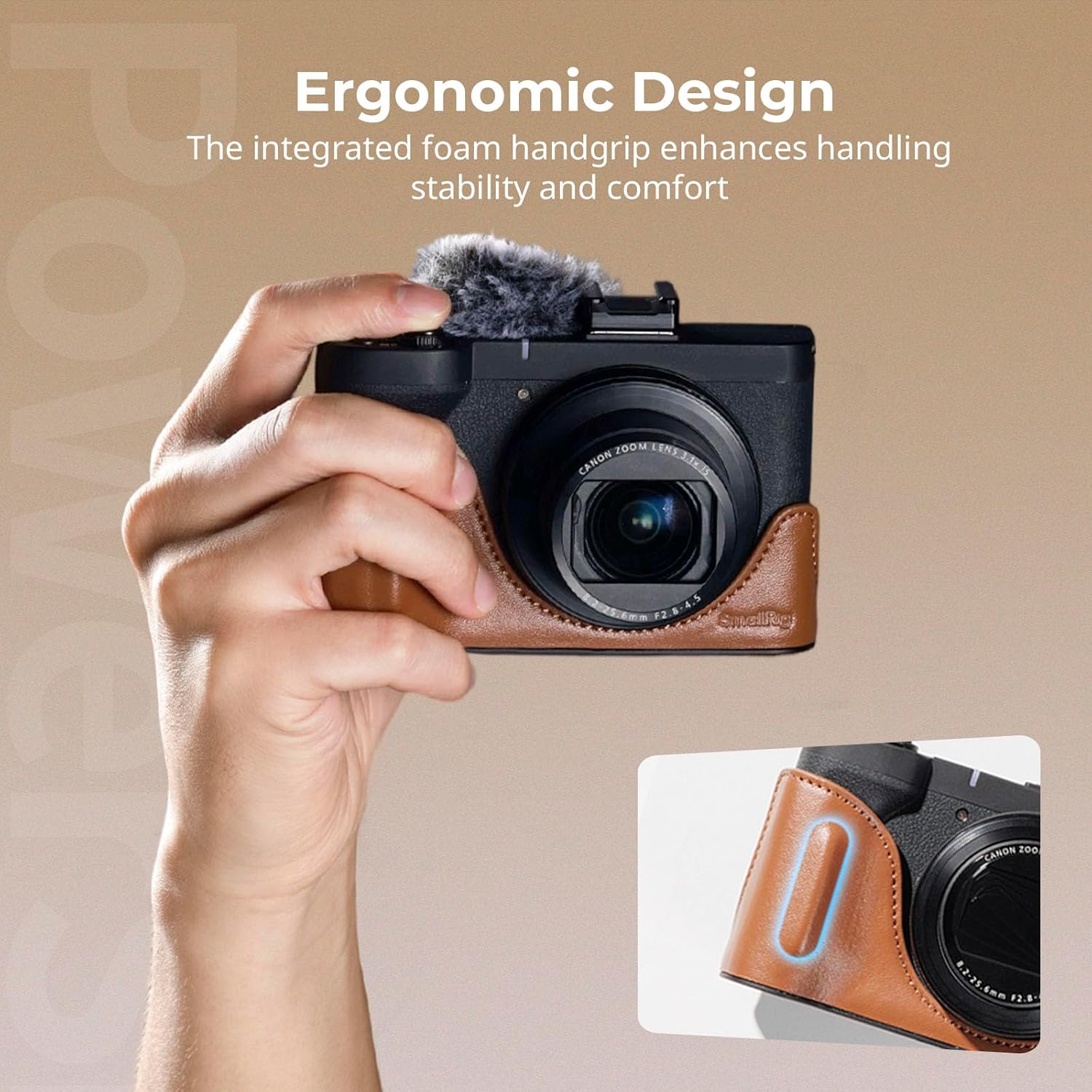 Thumbnail 4 de SmallRig Leather Case Kit for Canon PowerShot V1 (Brown) – Half Leather Case, Flip Cover, Wrist Strap & Furry Windscreen
