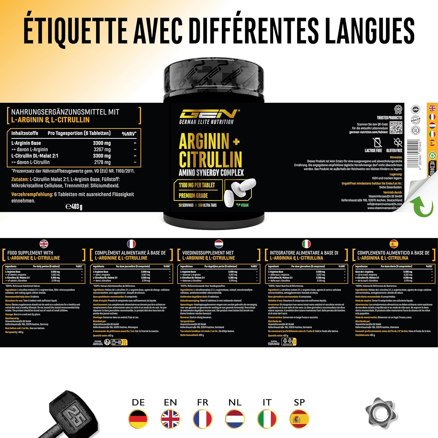 Thumbnail 5 de L-Arginine + L-Citrulline Ultra comprimés – 300 comprimés vegan, 1100 mg par dose