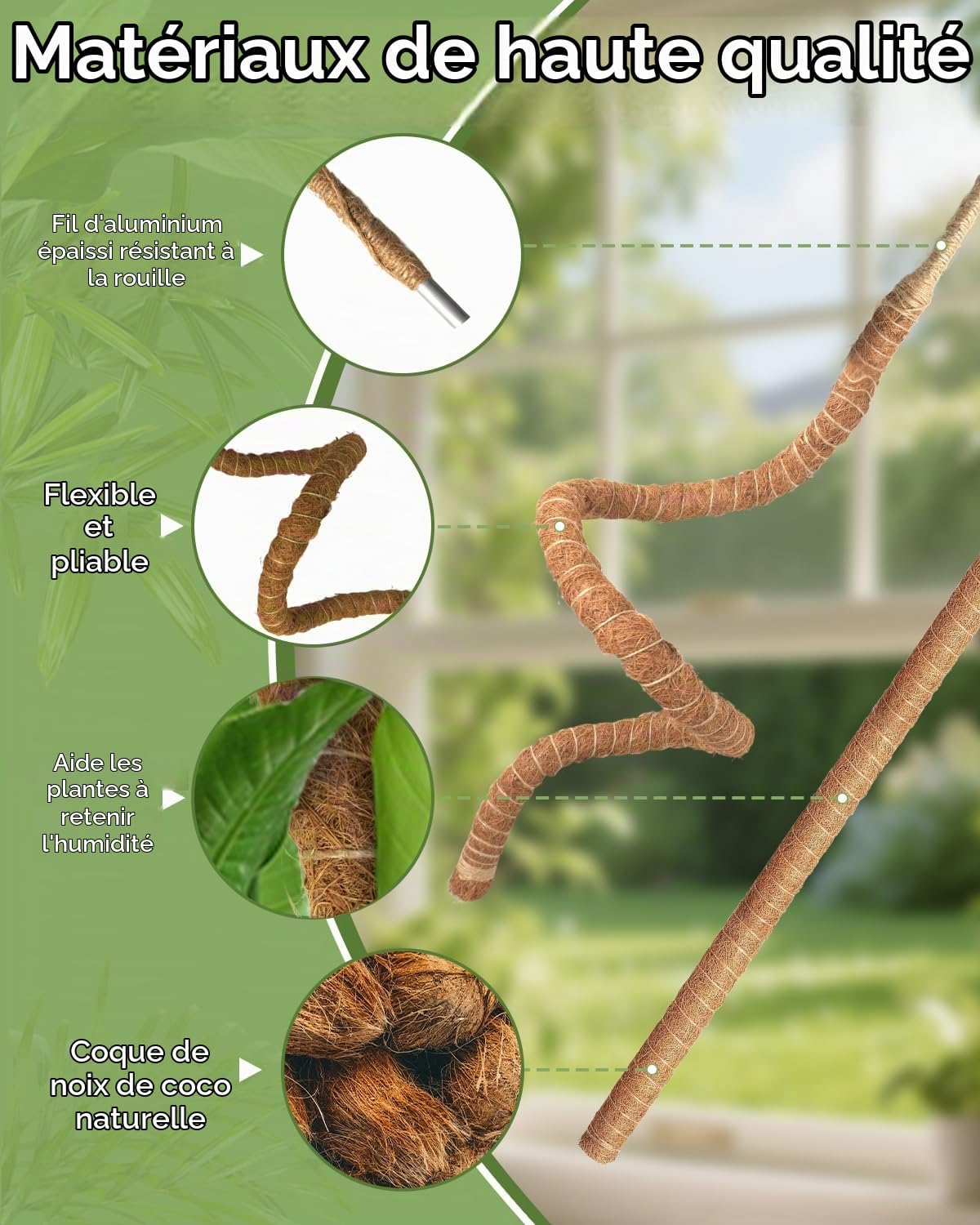 Detalle de Ouxayapl Monstera-stokken van 120 cm, flexibel met kokosvezel en accessoires