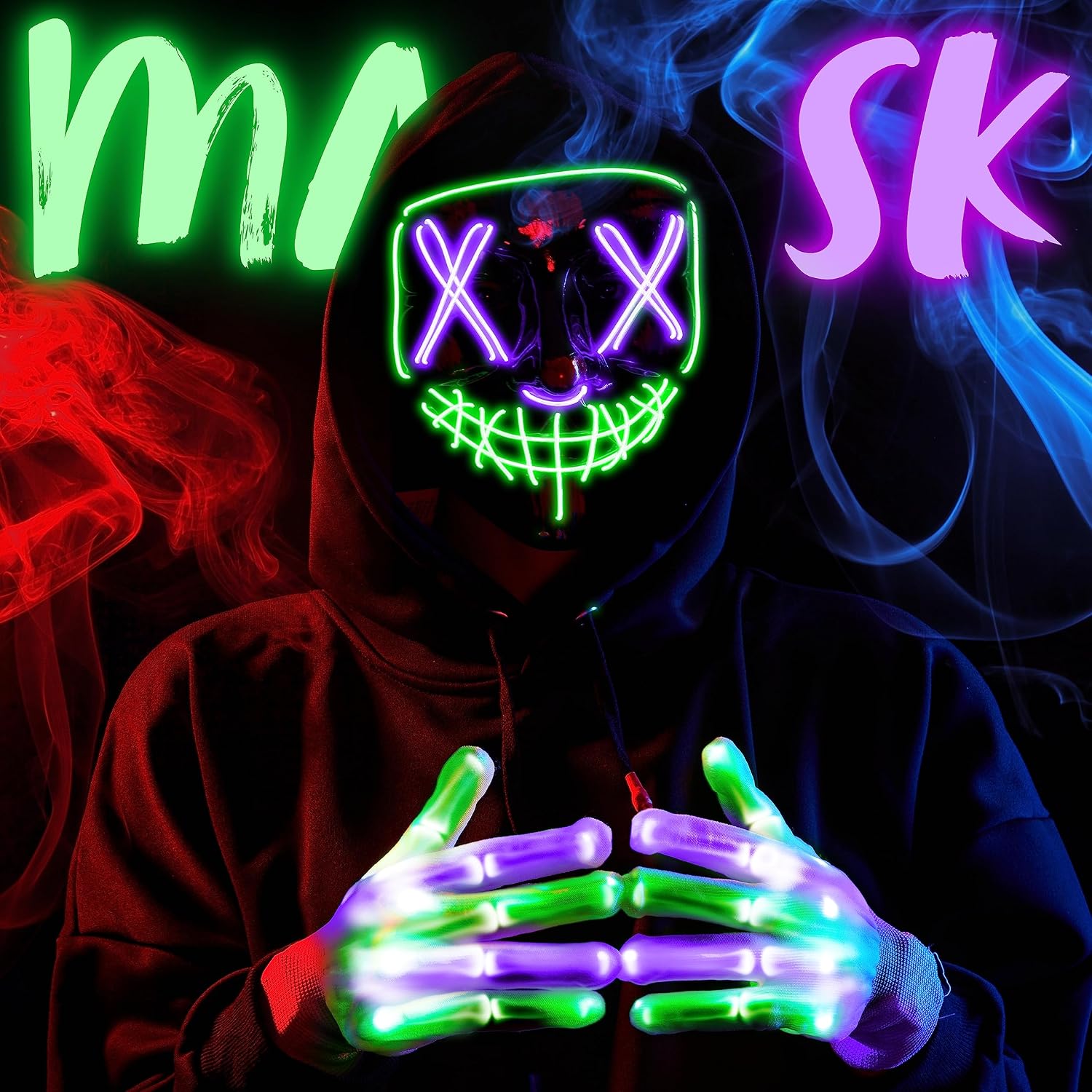 Thumbnail 1 de JOYIN LED Halloween Mask and Gloves, Green and Purple, 3 Flashing Modes