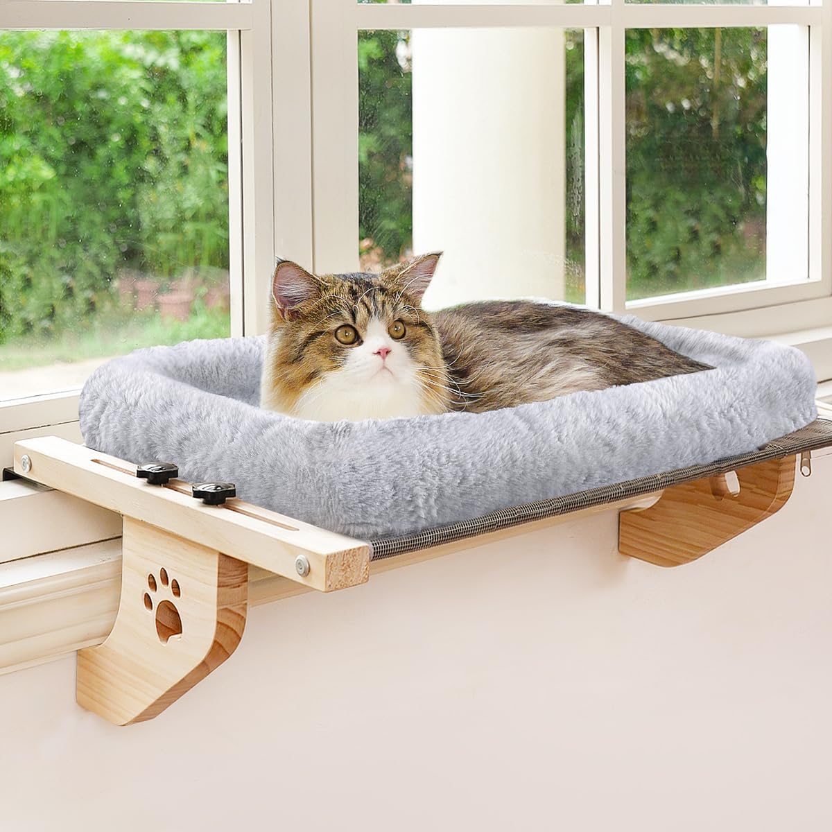 Detalle de AMOSIJOY Wooden Cat Window Perch, 24.4-Inch, Wood and Metal Frame, 40 lb Capacity