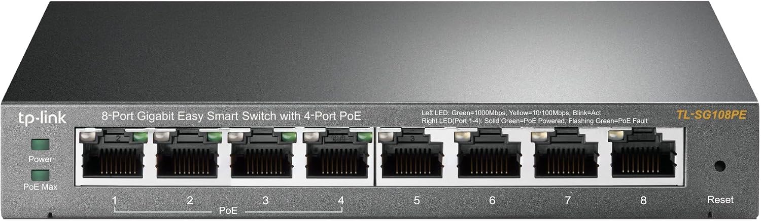 Detalle de TP-Link TL-SG108PE V3 8-Port Gigabit PoE Easy Smart Managed Switch with 4 PoE+ Ports (64W)