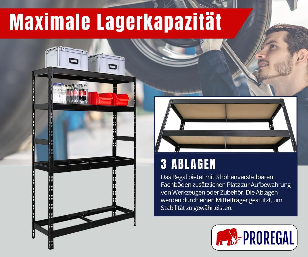 Detalle de PROREGAL Reifenregal Tiger (180 x 120 x 40 cm) für bis zu 6 Reifen + 3 Ablagen, Schwarz