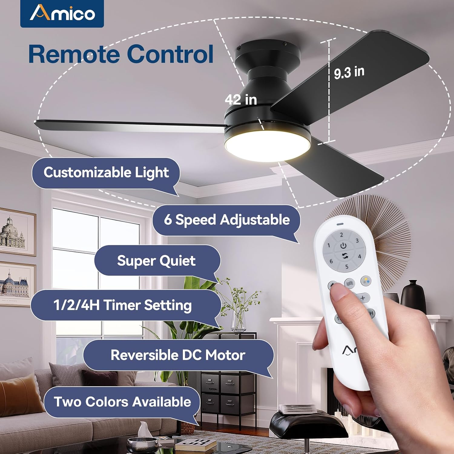 Thumbnail 1 de Amico 42-inch Low Profile Ceiling Fan with Light 💡🪟