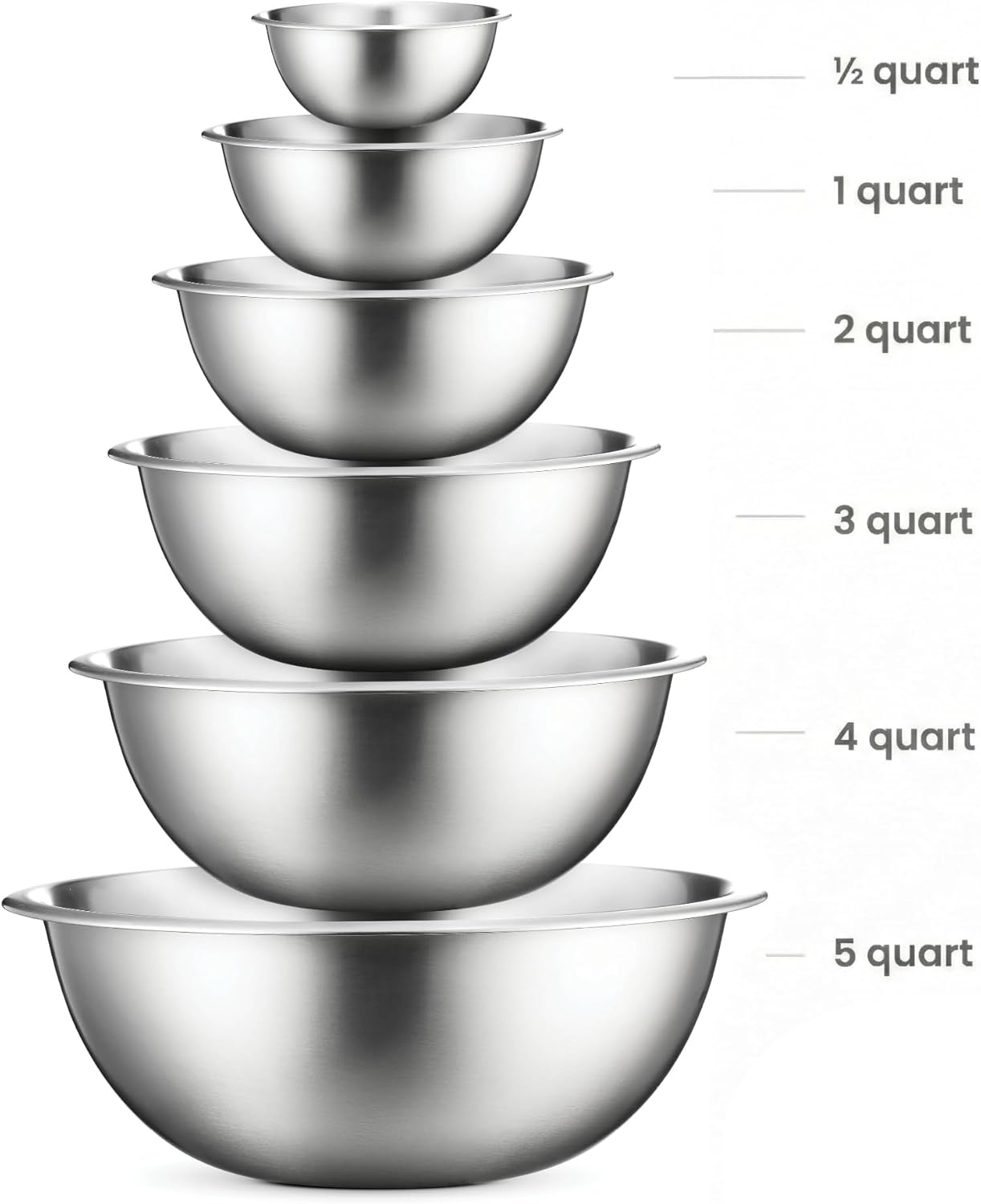 Detalle de FineDine Stainless Steel Mixing Bowls Set, 6-Piece (½–5 qt) – Nesting, Dishwasher Safe