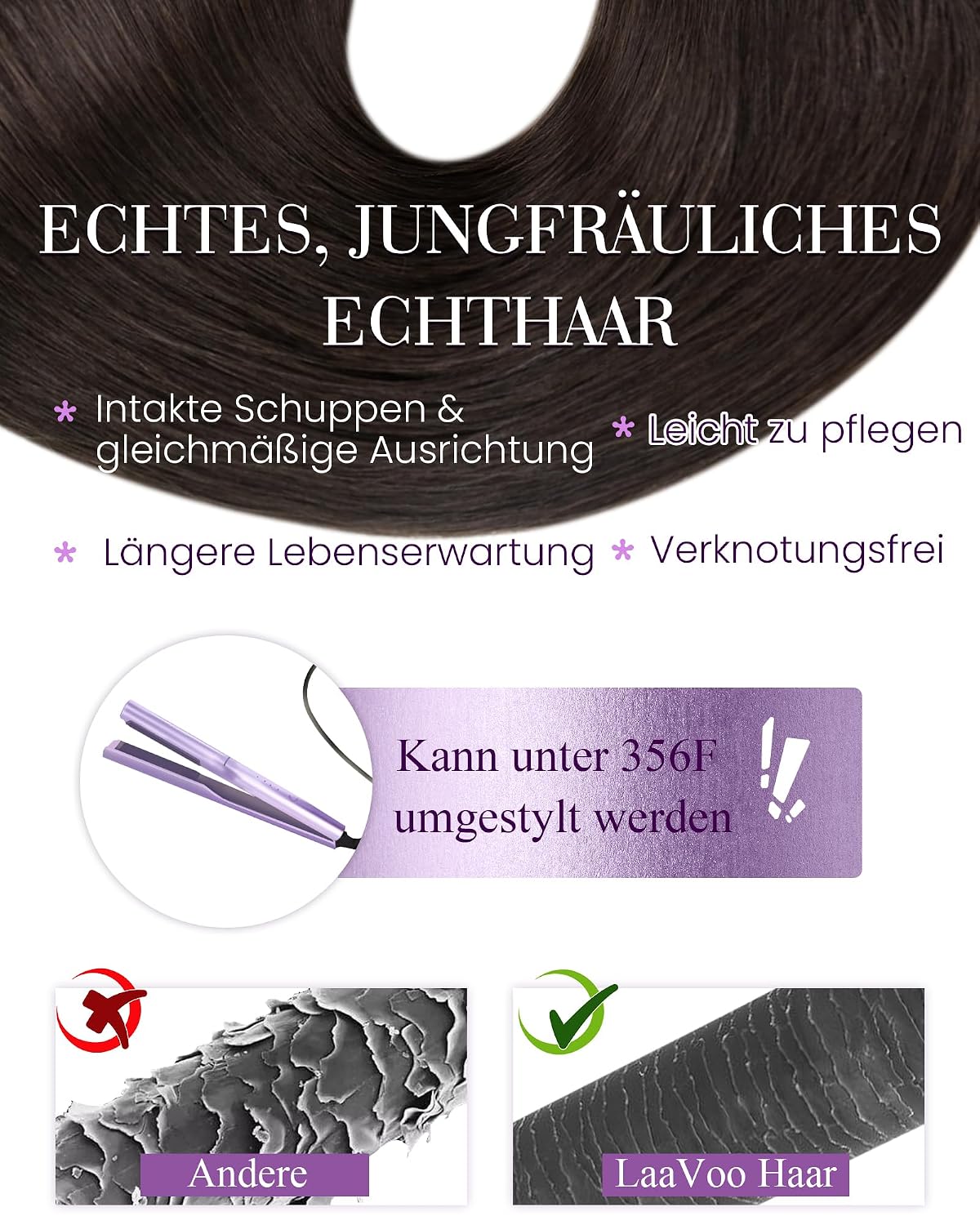 Thumbnail 3 de LaaVoo Microring Extensions Echthaar, dunkelstes Braun #2, 40 cm (Micro Loop, Remy, 50 g)