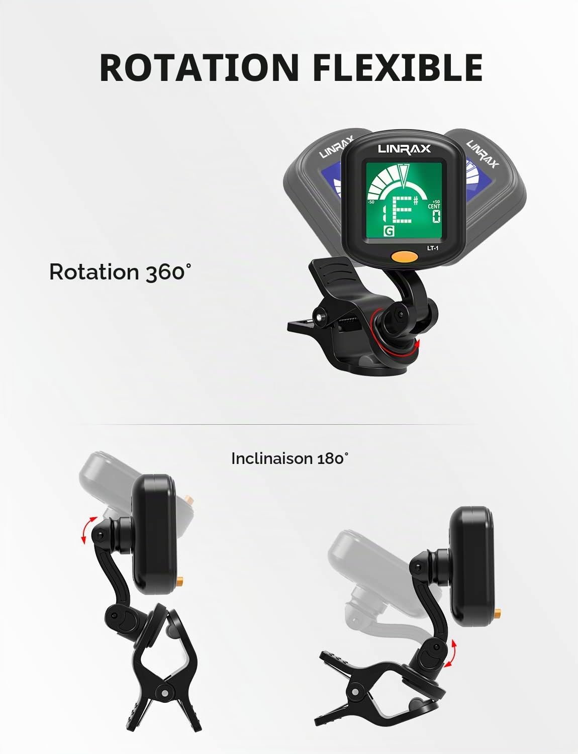Detalle de LINRAX LT-1 clip-on stemapparaat met 5 modi en draaibaar lcd-scherm