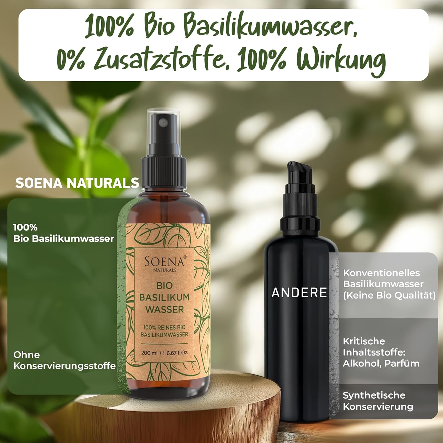 Detalle de Basilikumwasser (Hydrolat) von Soena Naturals – Haarkur für dünnes, brüchiges Haar, 200 ml, bio-zertifiziert
