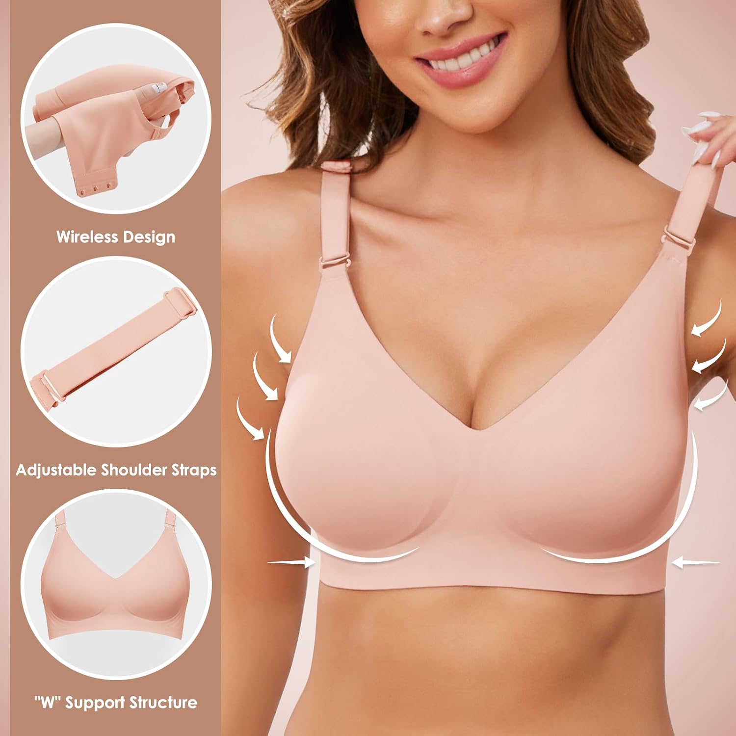 Detalle de TOMEEK Soutien-gorge femme sans armature sans couture push up invisible en élastomère doux, décolleté en V
